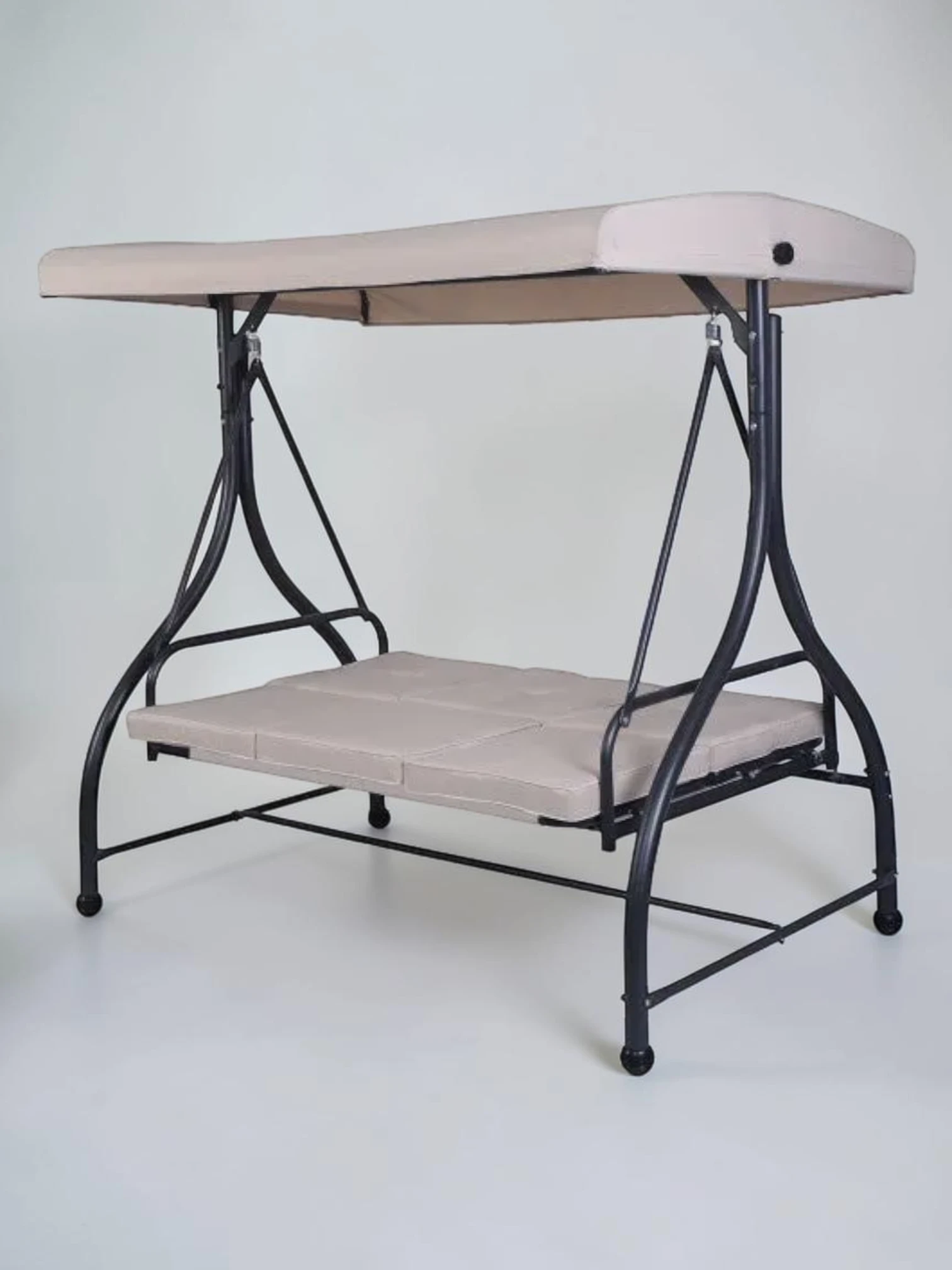 Minimalsave 3-Seater Outdoor Convertible Swing Bench Steel Frame with Adjustable Canopy Beige