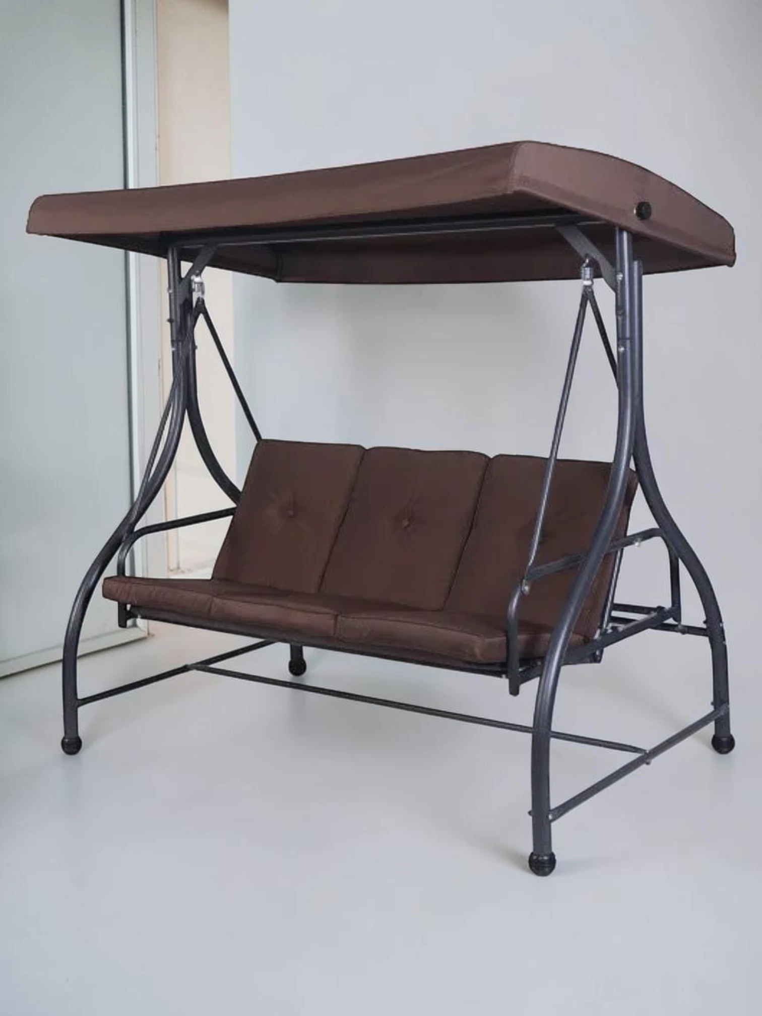 Minimalsave 3-Seat Outdoor Convertible Porch Swing Steel Frame Hammock with Adjustable Canopy Brown